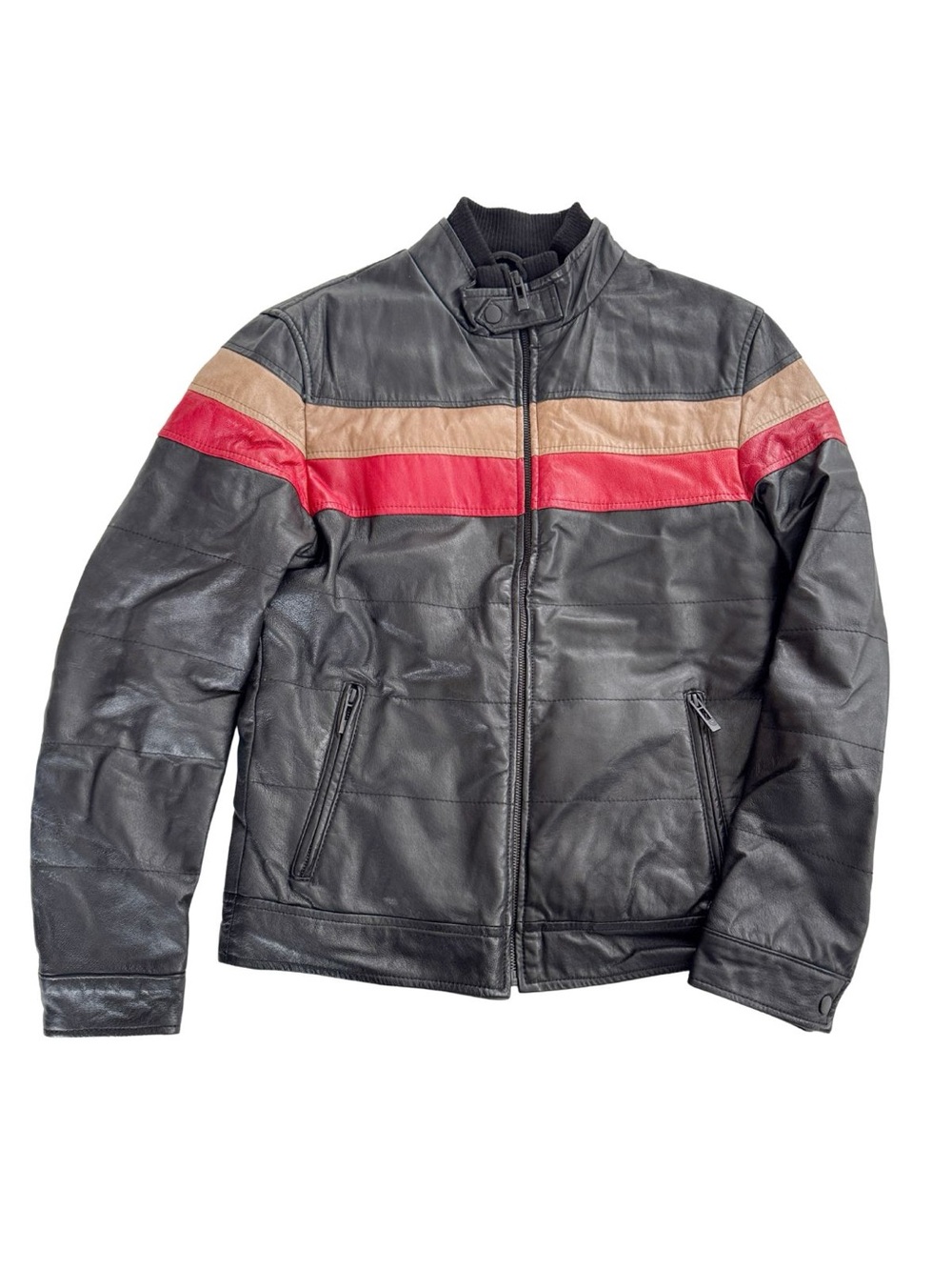 Vintage Cafe Racer Moto Leather Jacket with Red & Tan Chest Stripes